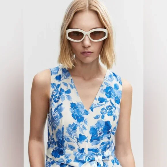 Mango Floral-Print Jumpsuit With Tie Blue and White Print Size Extra Small - Picture 4 of 14